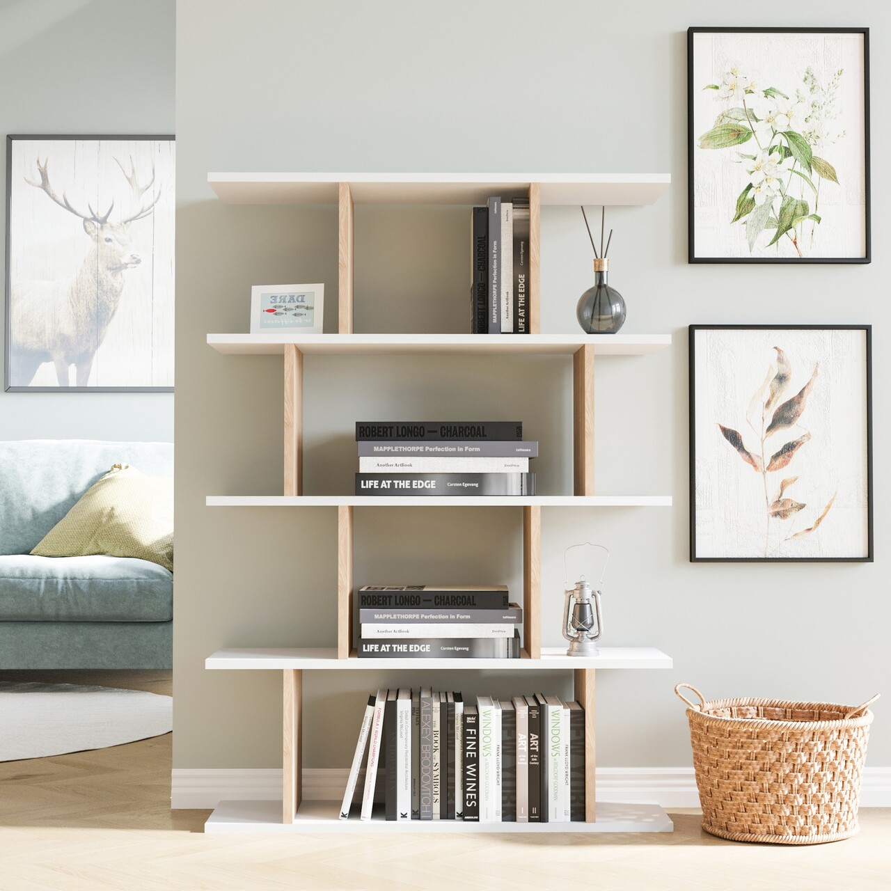 Biblioteca, Colman, Harmon, 90 x 25 x 127.4 cm, pal melaminat, alb/stejar - imagine 5